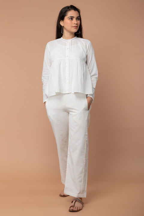 Shop Gathered White Cotton Top with Lace Trim | Vinusto
