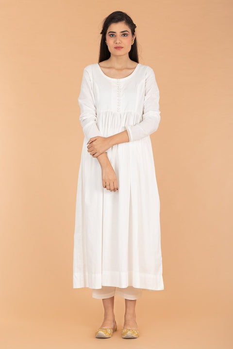 Shop Anarkali Kurta and Palazzo in White Cotton - Set of 2 | Vinusto

