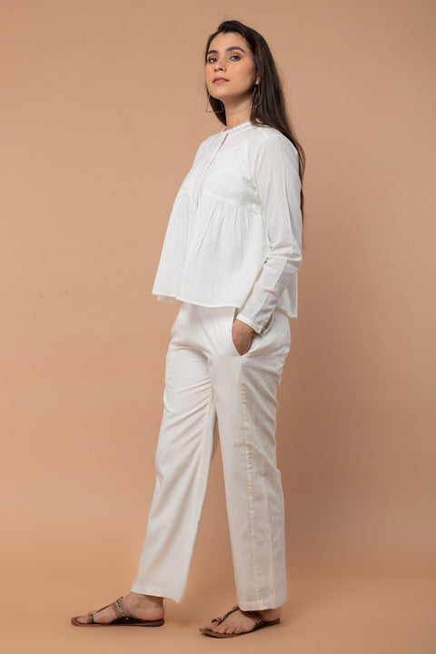 Order Gathered White Cotton Top with Lace Trim | Vinusto
