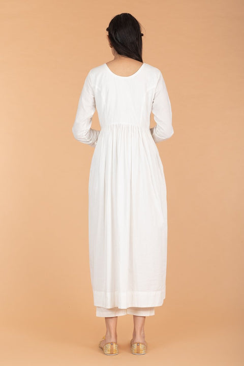 Luxury Anarkali Kurta and Palazzo in White Cotton - Set of 2 | Vinusto

