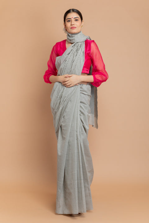 Luxury Black & White Pinstripes Saree in Handloom Cotton – Vinusto

