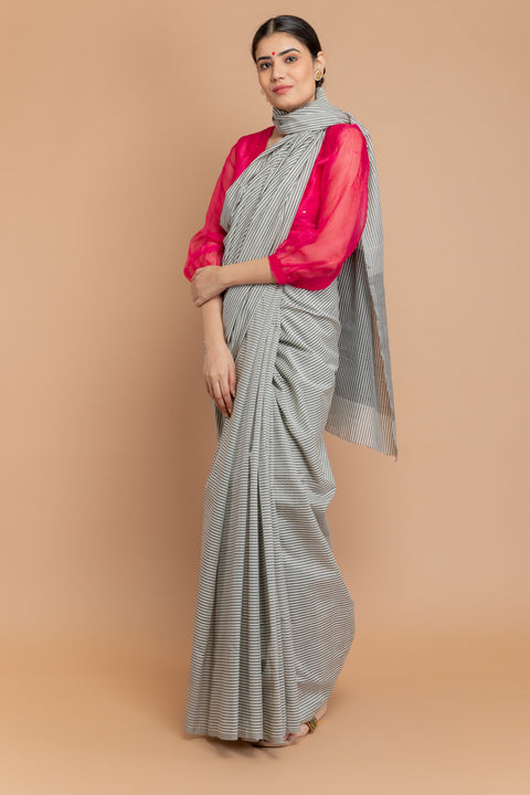 Shop Black & White Pinstripes Saree in Handloom Cotton – Vinusto

