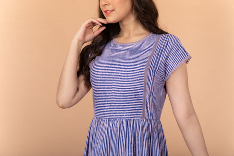 Luxury Stripe Dress with Laces in Blue & Lilac Hand Block Printed Cotton | Vinusto