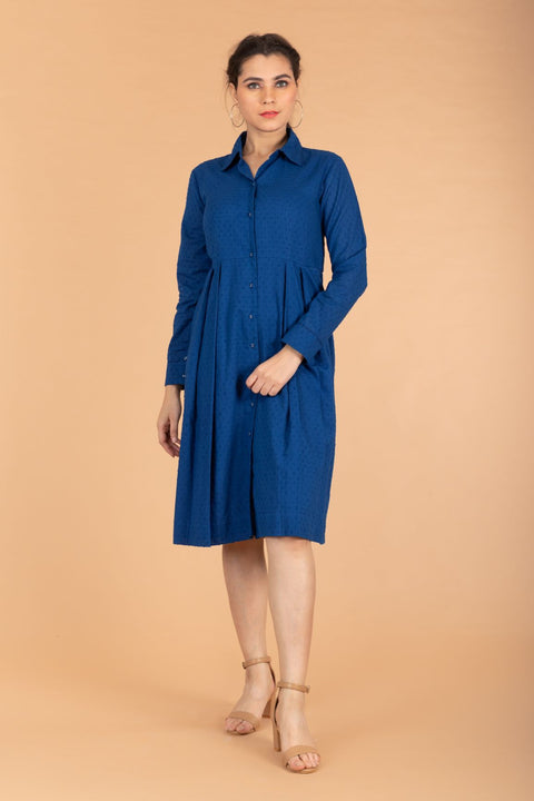 Buy Cobalt Blue Pleated Dress in Swiss Dot Cotton | Vinusto