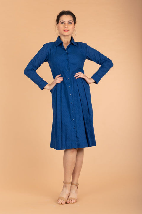 Shop Cobalt Blue Pleated Dress in Swiss Dot Cotton | Vinusto