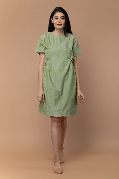Buy Shift Dress with Drawstrings in Apple Green Handloom Cotton from Sambalpur | Vinusto