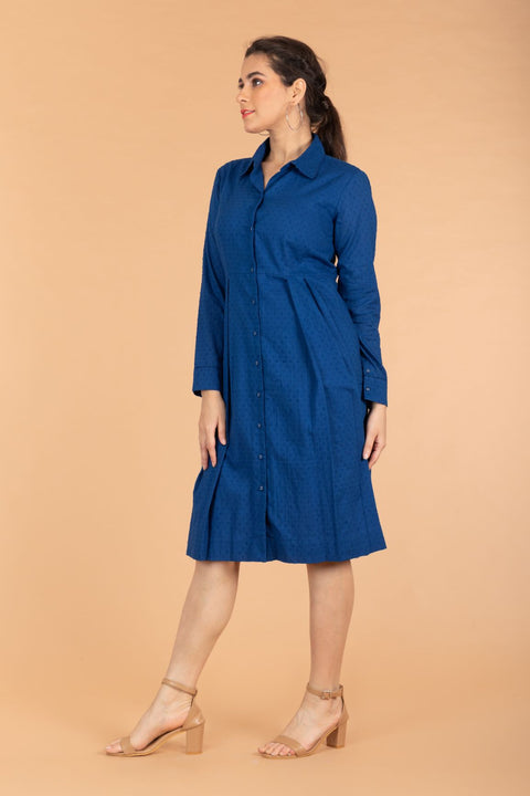 Cobalt Blue Pleated Dress In Swiss Dot Cotton