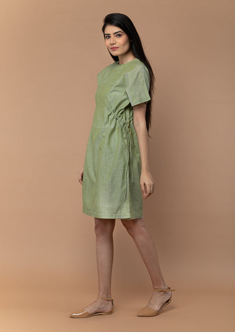 Order Shift Dress with Drawstrings in Apple Green Handloom Cotton from Sambalpur | Vinusto
