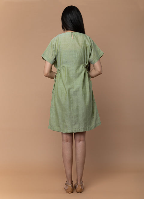 Handcraft Shift Dress with Drawstrings in Apple Green Handloom Cotton from Sambalpur | Vinusto