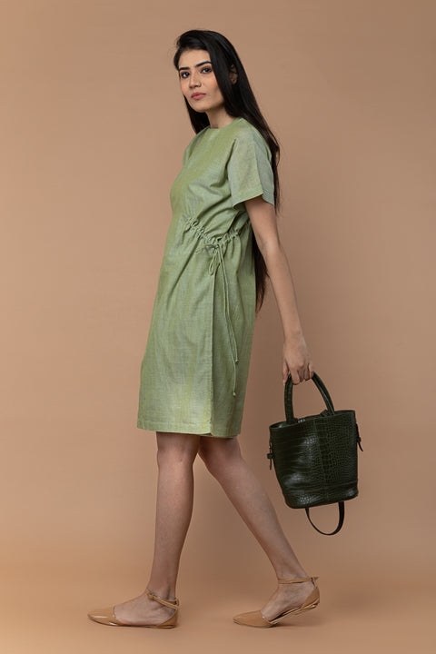 Premium Shift Dress with Drawstrings in Apple Green Handloom Cotton from Sambalpur | Vinusto