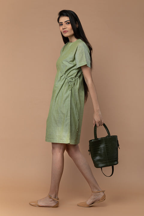 Shift Dress with Drawstrings in Apple green Hand Loom Cotton from Sambalpur (Set of 2)
