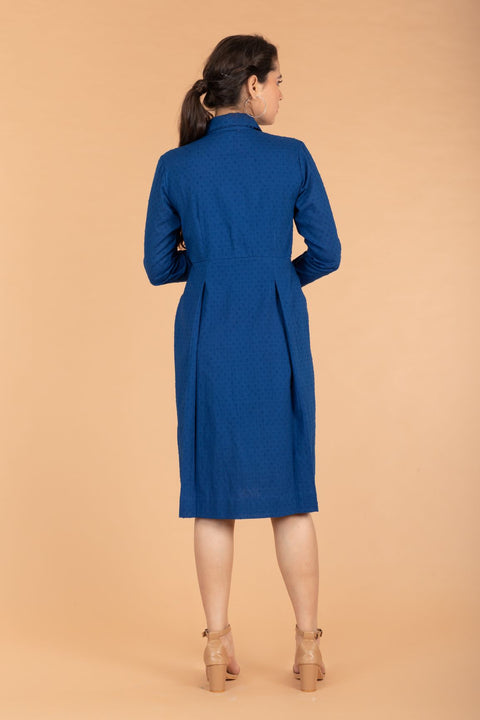 Handcraft Cobalt Blue Pleated Dress in Swiss Dot Cotton | Vinusto