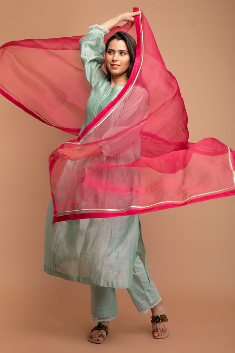 Premium Pure Silk Katan Handcrafted Dupatta in Hot Pink | Vinusto