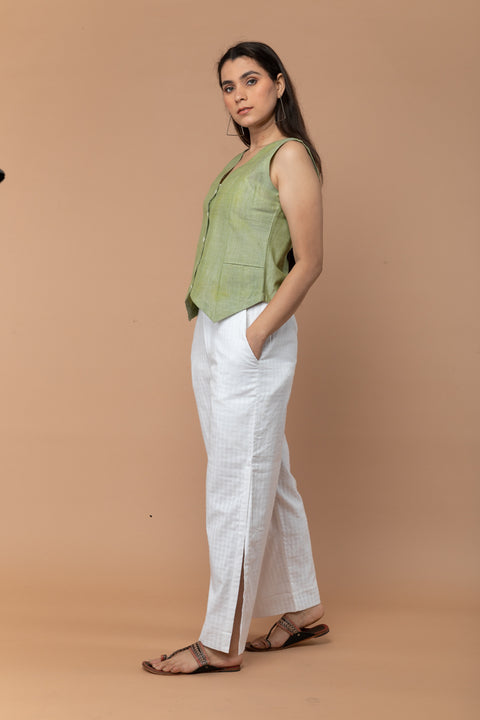 Order White Trousers with Side Slits in Textured Cotton Dobby | Vinusto