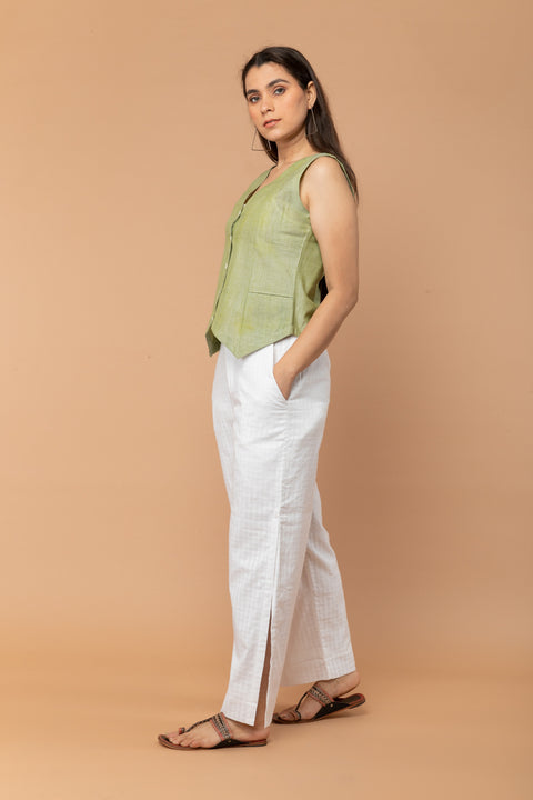 Luxury Apple Green Waistcoat Top in Handloom Cotton with High-Slit White Cotton Trousers (Set of 2) | Vinusto