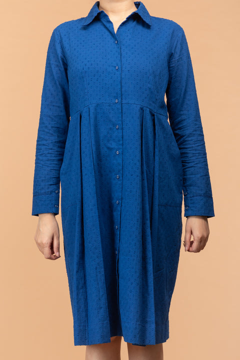 Premium Cobalt Blue Pleated Dress in Swiss Dot Cotton | Vinusto