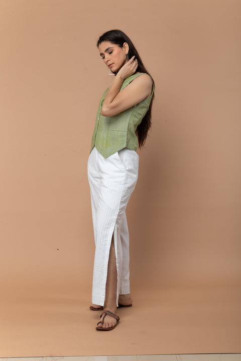 Shop White Trousers with Side Slits in Textured Cotton Dobby | Vinusto
