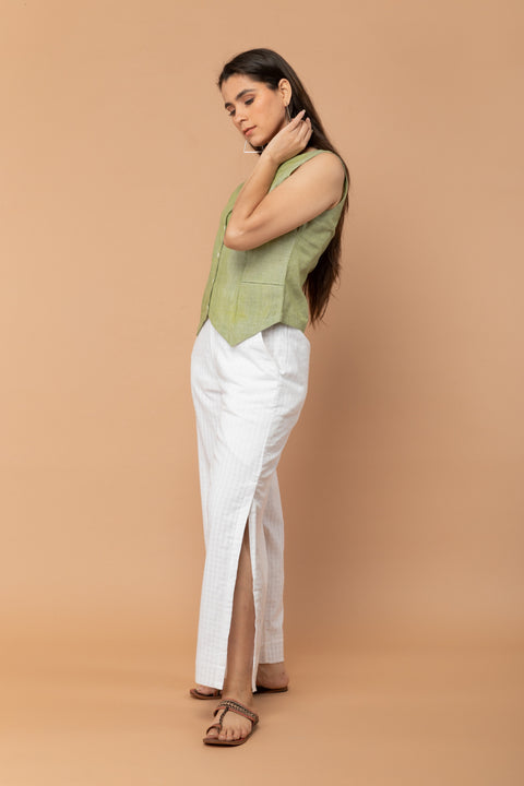 Buy Apple Green Waistcoat Top in Handloom Cotton with High-Slit White Cotton Trousers (Set of 2) | Vinusto