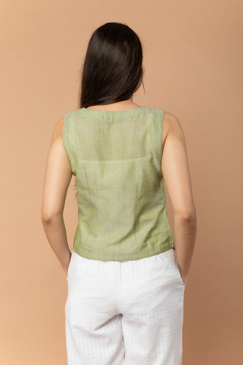 Handcraft Apple Green Waistcoat Top in Handloom Cotton | Vinusto