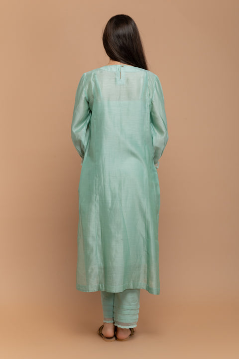 Luxury Chanderi Handloom Kurta with Pintuck Cotton Pants in Mint Green - Set of 3 | Vinusto