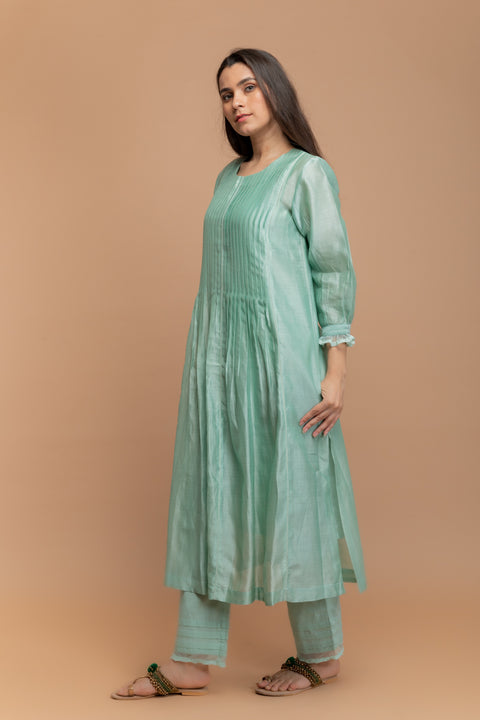 Buy Chanderi Handloom Kurta with Pintuck Cotton Pants in Mint Green - Set of 3 | Vinusto