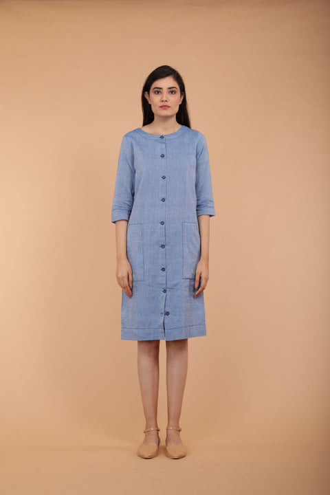 Luxury Chambray Blue Straight Fit Shift Dress in Sambalpur Handloom Cotton | Vinusto