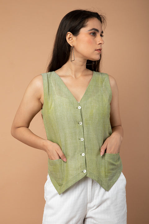 Shop Apple Green Waistcoat Top in Handloom Cotton | Vinusto