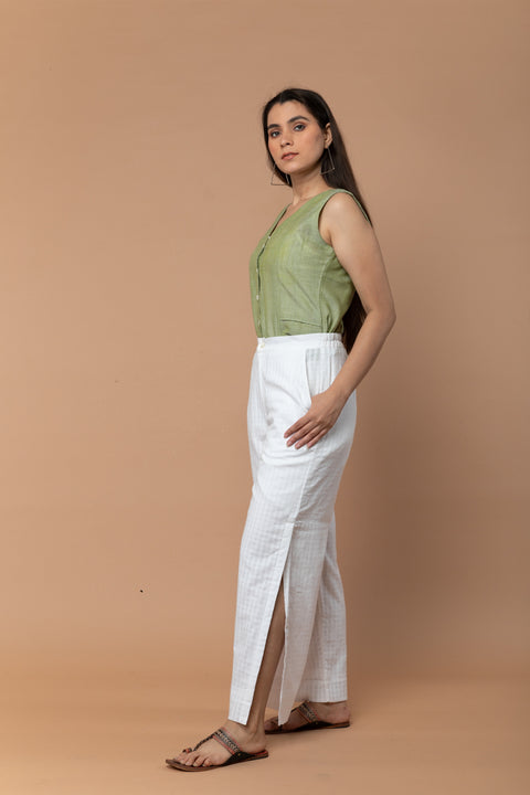 Luxury White Trousers with Side Slits in Textured Cotton Dobby | Vinusto