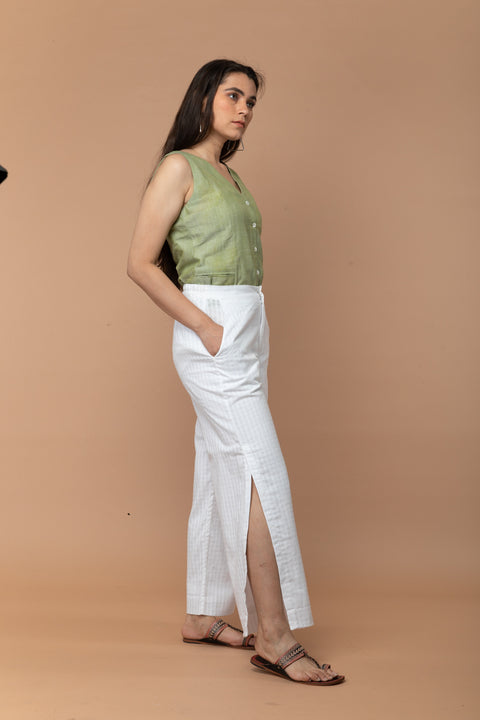 Premium White Trousers with Side Slits in Textured Cotton Dobby | Vinusto