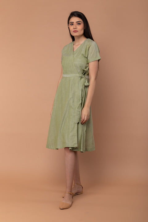 Order Apple Green Wraparound Dress in Handloom Cotton from Sambalpur (Set of 2) | Vinusto