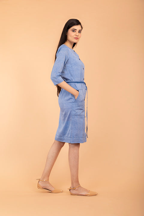 Order Chambray Blue Straight Fit Shift Dress in Sambalpur Handloom Cotton | Vinusto