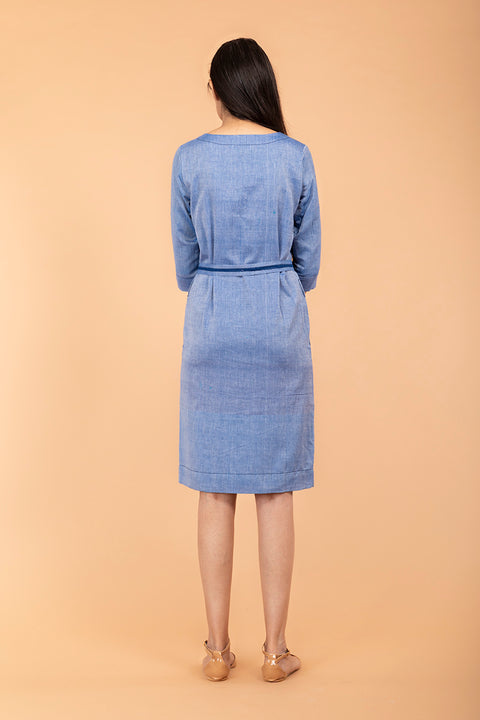 Handcaft Chambray Blue Straight Fit Shift Dress in Sambalpur Handloom Cotton | Vinusto