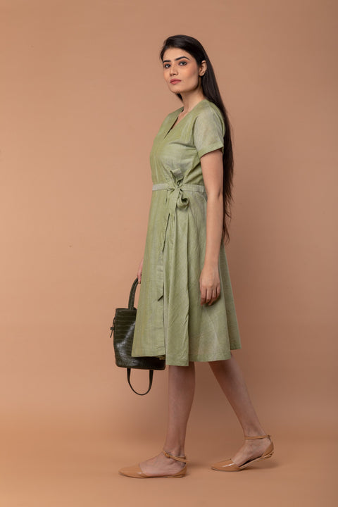 Buy Apple Green Wraparound Dress in Handloom Cotton from Sambalpur (Set of 2) | Vinusto