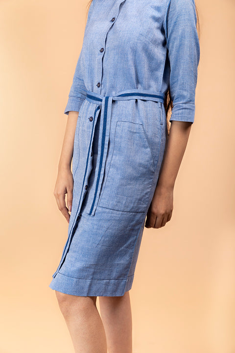 Premium Chambray Blue Straight Fit Shift Dress in Sambalpur Handloom Cotton | Vinusto