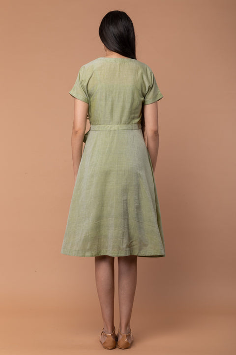 Handcraft Apple Green Wraparound Dress in Handloom Cotton from Sambalpur (Set of 2) | Vinusto