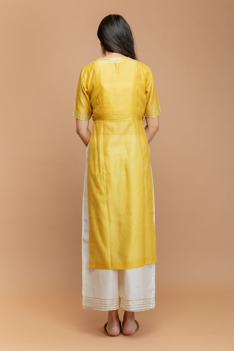 Premium Yellow High Slit Kurta & Off-White Palazzo with Gota Work in Chanderi Handloom

