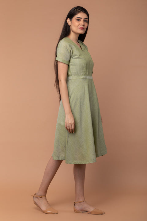 Luxury Apple Green Wraparound Dress in Handloom Cotton from Sambalpur (Set of 2) | Vinusto