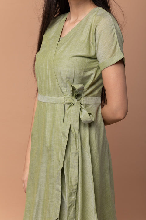 Premium Apple Green Wraparound Dress in Handloom Cotton from Sambalpur (Set of 2) | Vinusto