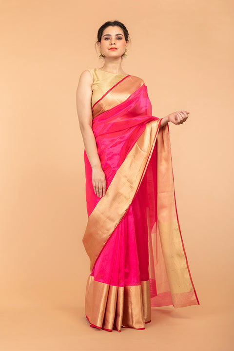 Shop Neon Pink Pattu Silk Handloom Saree with Broad Border


