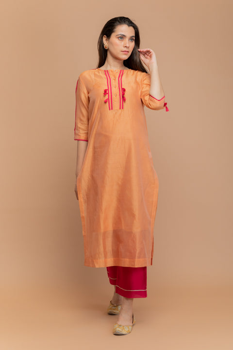 Chanderi Handloom Kurta & Pants in Tangerine Orange & Hot Pink (Set of 3)