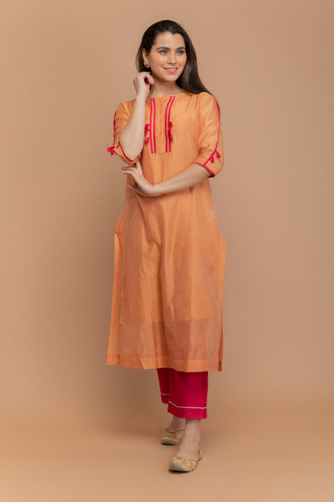 Shop Chanderi Handloom Kurta & Pants in Tangerine Orange & Hot Pink (Set of 3) - By Vinusto