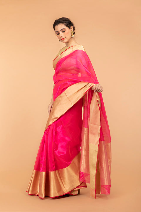 Luxury Neon Pink Pattu Silk Handloom Saree with Broad Border

