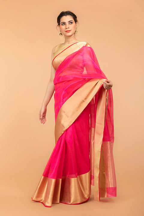 Buy Neon Pink Pattu Silk Handloom Saree with Broad Border

