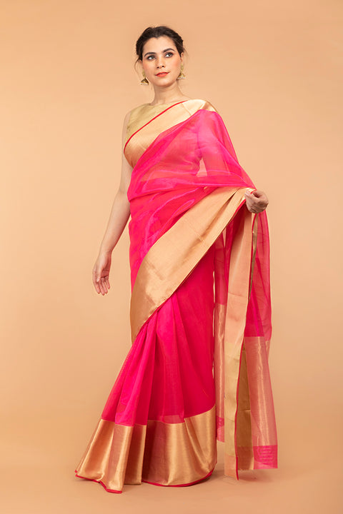 Neon Pink Pattu Silk Handloom Saree With Broad Broder