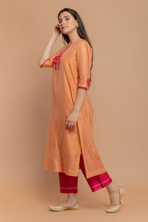Buy Chanderi Handloom Kurta & Pants in Tangerine Orange & Hot Pink (Set of 3) - By Vinusto