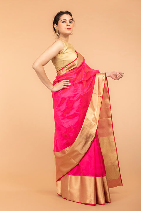 Neon Pink Pattu Silk Handloom Saree With Broad Broder
