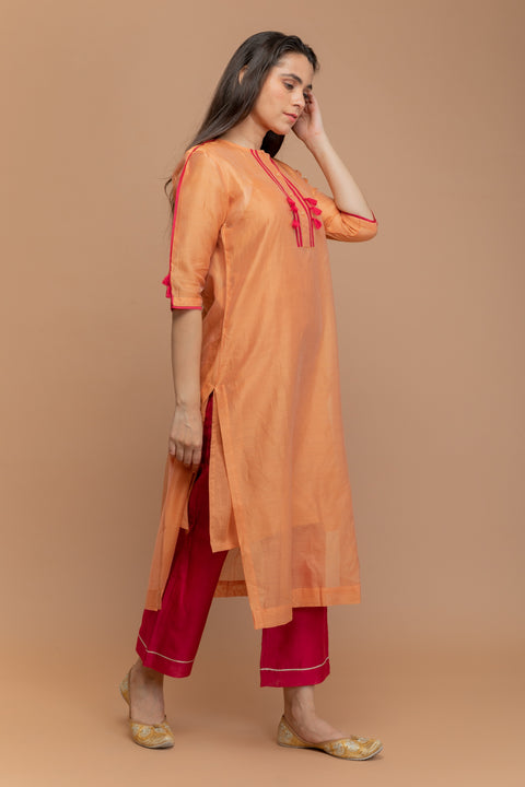 Premium Chanderi Handloom Kurta & Pants in Tangerine Orange & Hot Pink (Set of 3) - By Vinusto