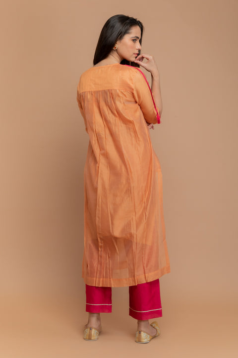 Luxury  Chanderi Handloom Kurta & Pants in Tangerine Orange & Hot Pink (Set of 3) - By Vinusto