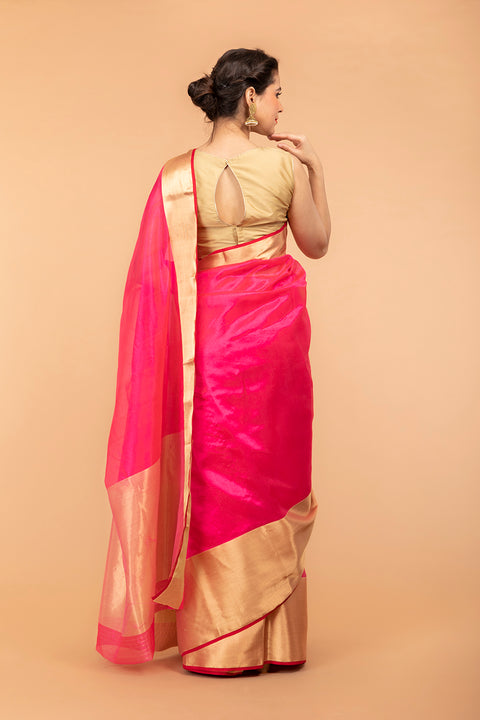 Premium Neon Pink Pattu Silk Handloom Saree with Broad Border

