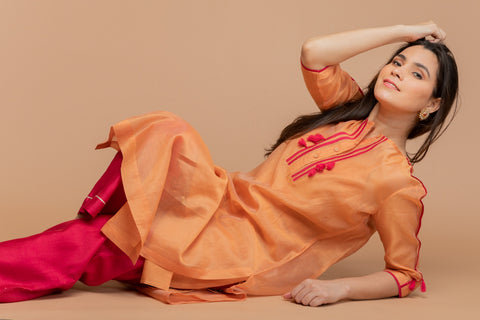 Handcrafted Chanderi Handloom Kurta & Pants in Tangerine Orange & Hot Pink (Set of 3) - By Vinusto